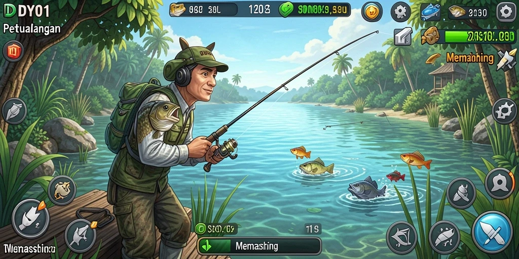 Antarmuka menarik dan fungsional dalam game Memancing DY01.