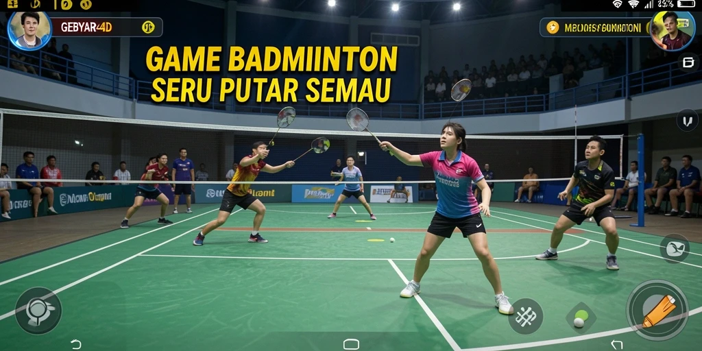 Tampilan antarmuka GEBYAR4D dengan aksi badminton seru.