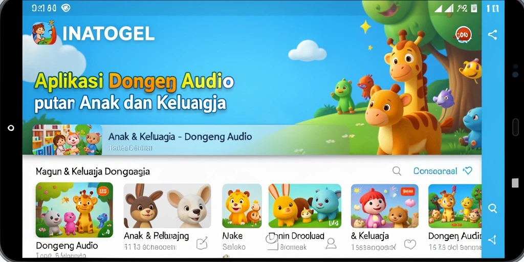Screenshot aplikasi INATOGEL menampilkan pilihan dongeng audio yang menarik.