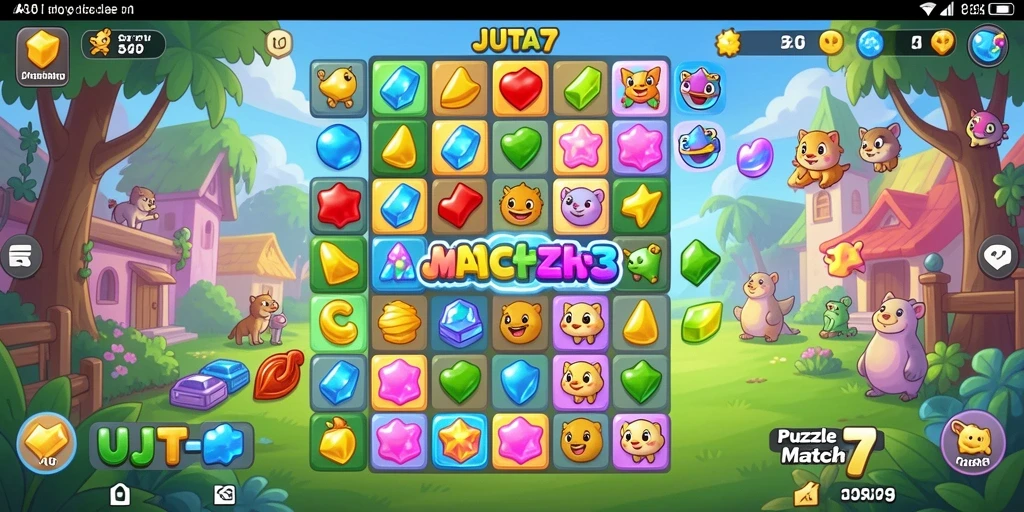 Tampilan antarmuka JUTA7 yang menarik dan penuh warna dalam gameplay Puzzle Match-3.