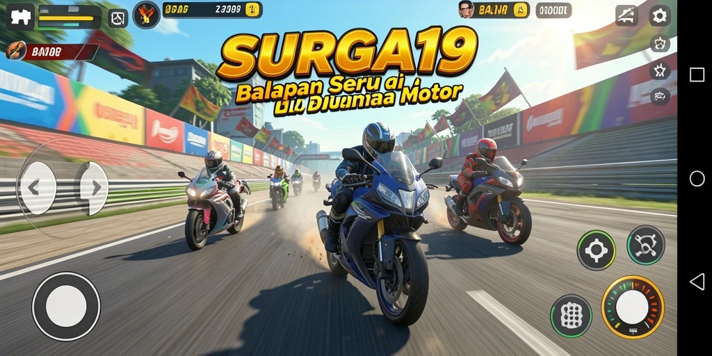 Antarmuka gameplay SURGA19 yang menampilkan balapan motor yang seru.