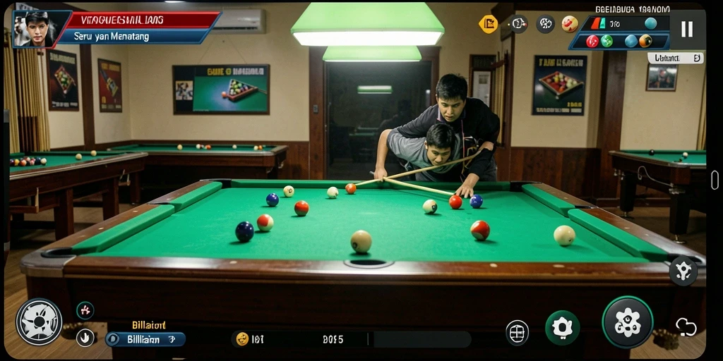 Screenshot antarmuka permainan Billiard V87 dengan grafik menarik.